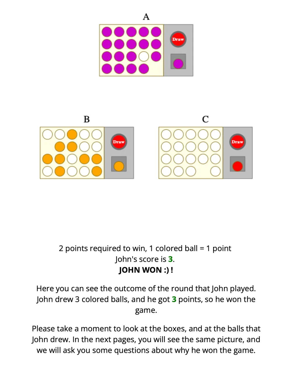 Round to be judged: John drew colored balls from urns A, B and C, scored 3 points and won